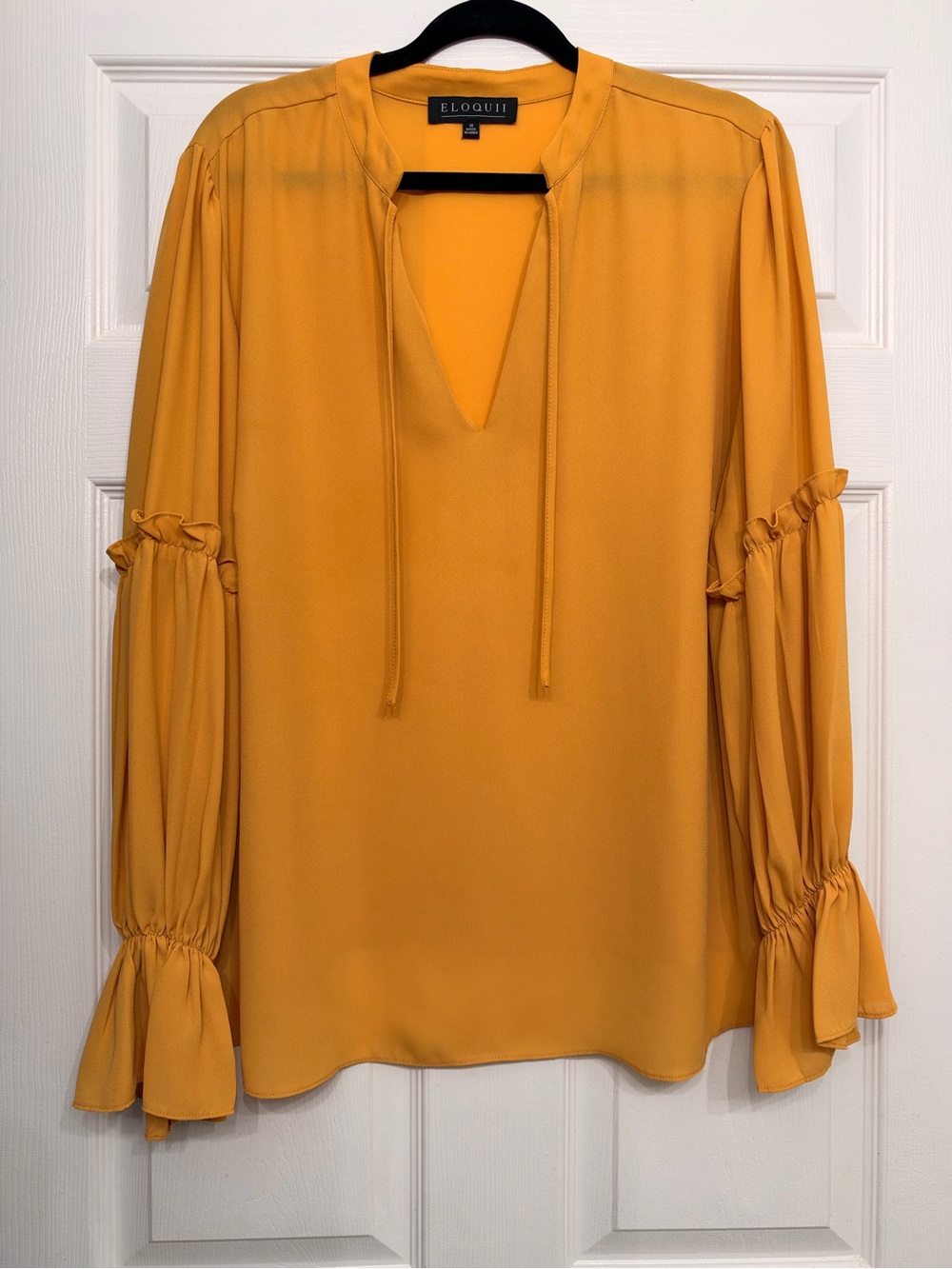 ELOQUII Mustard Gold Ruffle Sleeve Tie Neck Blouse Size 18